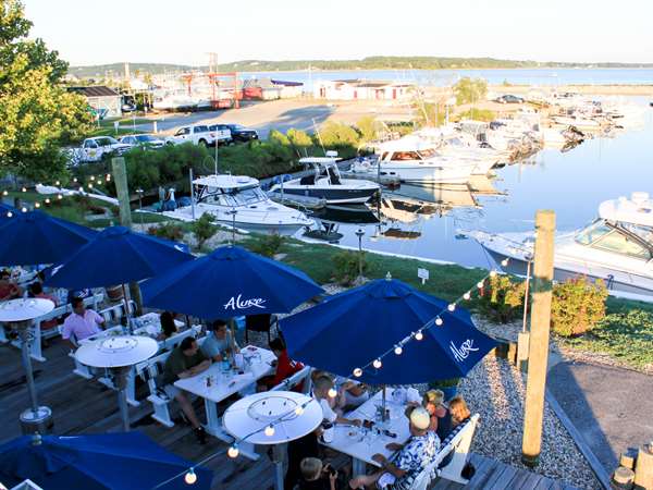 ariel view of patio dining and marina