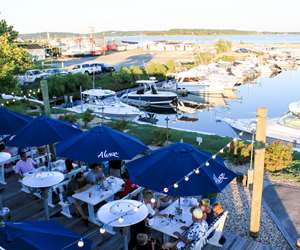 ariel view of patio dining and marina